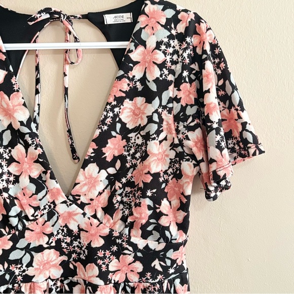 Black Flutter Sleeve A-Line Dress Pink Grey Floral & Deep V-Neck - Picture 4 of 16